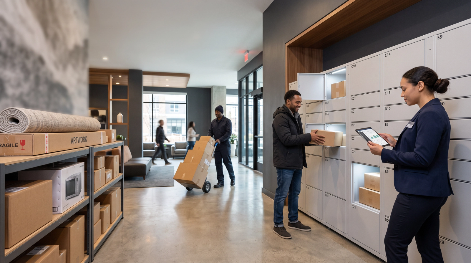 A modern apartment-community package room during a holiday delivery surge.