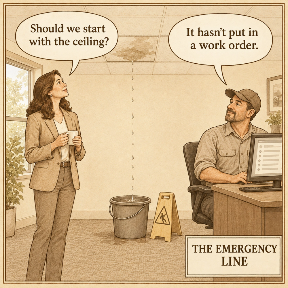 The shared industry truth being satirized: Teams are trained to work the queue, so work that hasn't entered the system can feel invisible, even when it is literally dripping in the middle of the office. The joke targets ticket-driven triage, not the people following it.