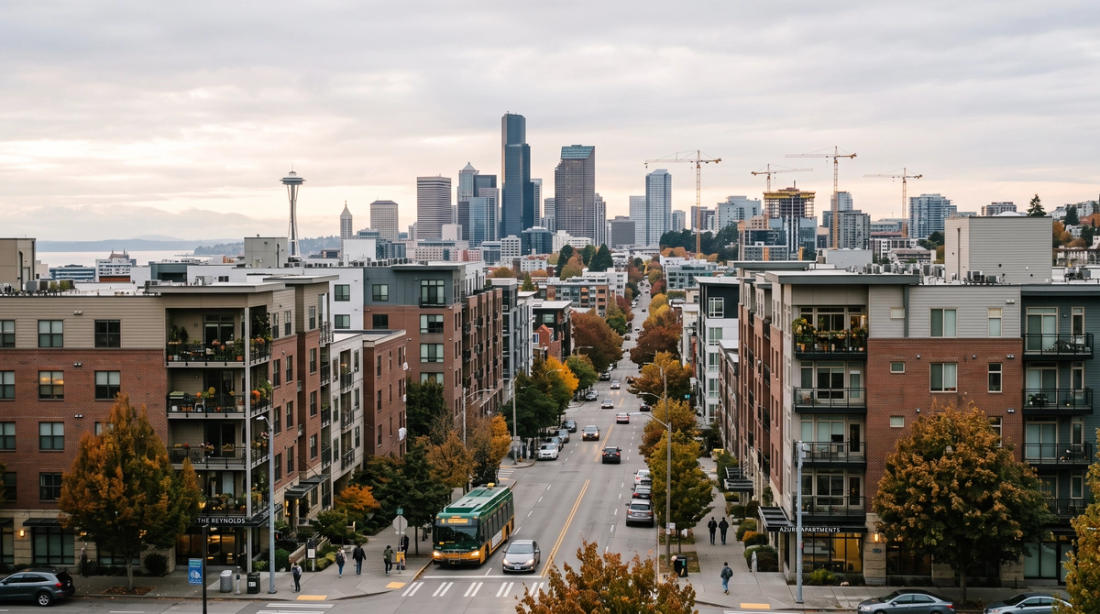 Seattle neighborhood with construction cranes.