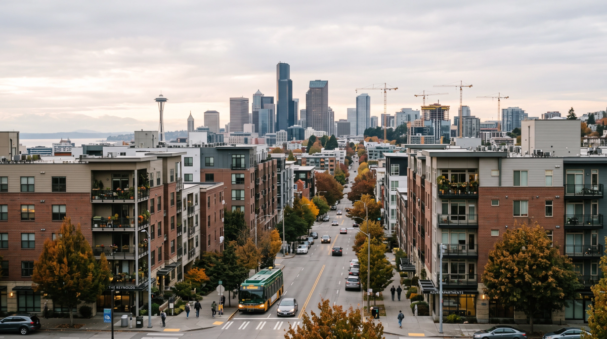 Seattle neighborhood with construction cranes.