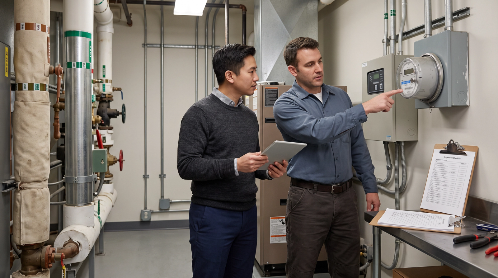 A property manager and building engineer review energy records beside mechanical equipment in an apartment building.
