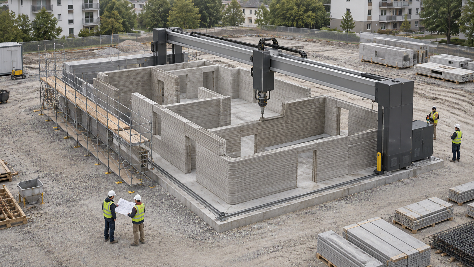 Illustration of a charcoal-gray gantry concrete printer forming apartment walls, with workers, scaffolding, and staged construction materials nearby.