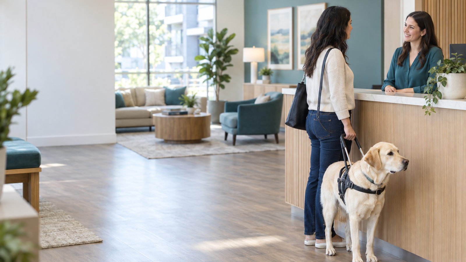 Women in lobby with dog.