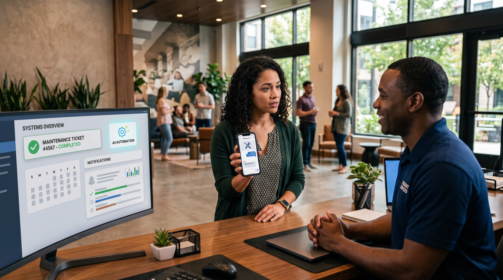A contemporary multifamily leasing-office lobby. In the foreground, a resident holds a smartphone showing a simple, generic maintenance-request or chat interface—no legible brand names or UI text. The resident’s posture suggests concern rather than frustration.