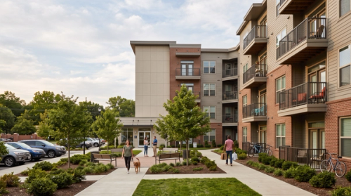 A contemporary, professionally managed mid-rise apartment community in a recognizable but non-specific U.S. urban or suburban setting