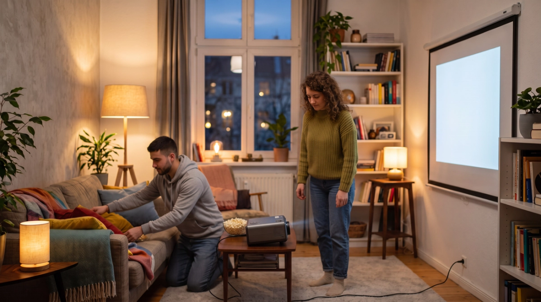 Young adult friends setting up a small, generic, unbranded portable projector for movie night in a comfortable city apartment.