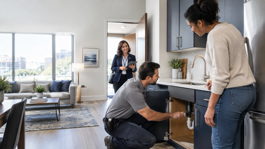A maintenance technician inspects a kitchen sink cabinet in a modern apartment while a resident watches nearby and a property manager checks in from the doorway.