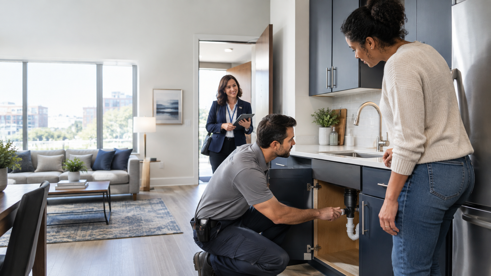 A maintenance technician inspects a kitchen sink cabinet in a modern apartment while a resident watches nearby and a property manager checks in from the doorway.