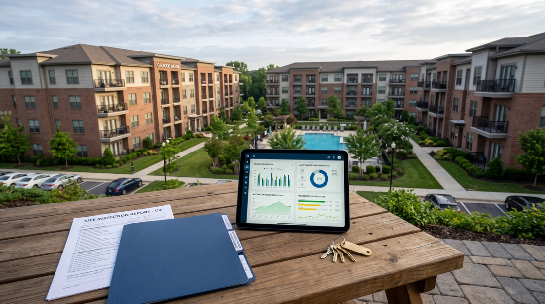 A well-maintained mid-rise apartment community at early morning, shown from an elevated angle. In the foreground, a tablet rests on a clean picnic table.
