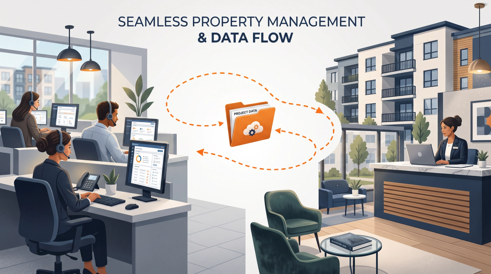 Central office staff wearing headsets and an onsite leasing agent, with an orange folder and looping arrows illustrating resident case handoffs between teams.