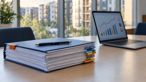 A tabbed binder of legal documents and a laptop showing a pricing chart on a conference table, with apartment buildings visible through the office windows.