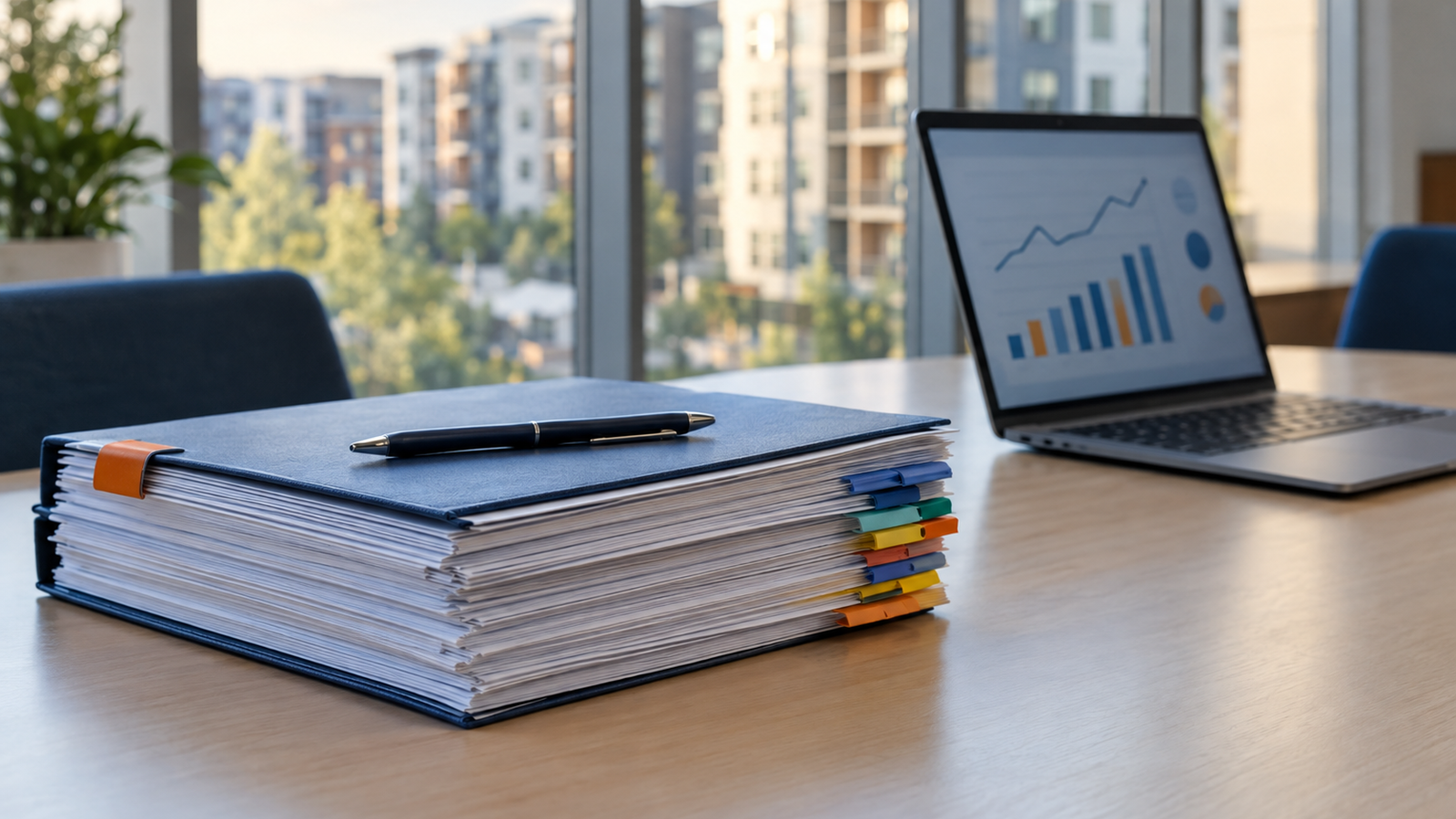 A tabbed binder of legal documents and a laptop showing a pricing chart on a conference table, with apartment buildings visible through the office windows.