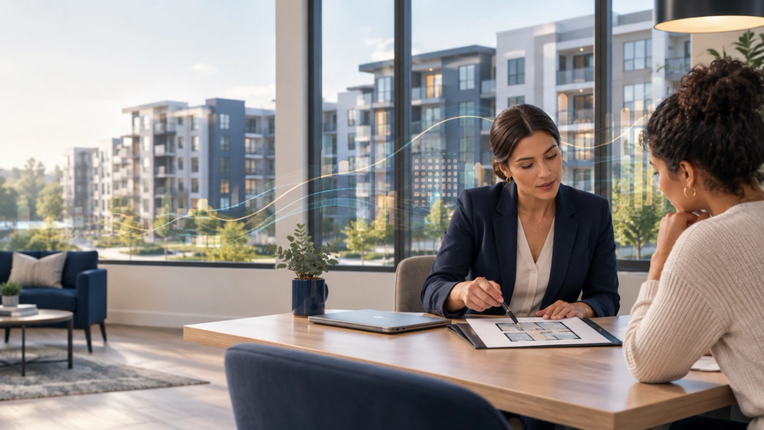 Leasing agent with speaking with tenant.
