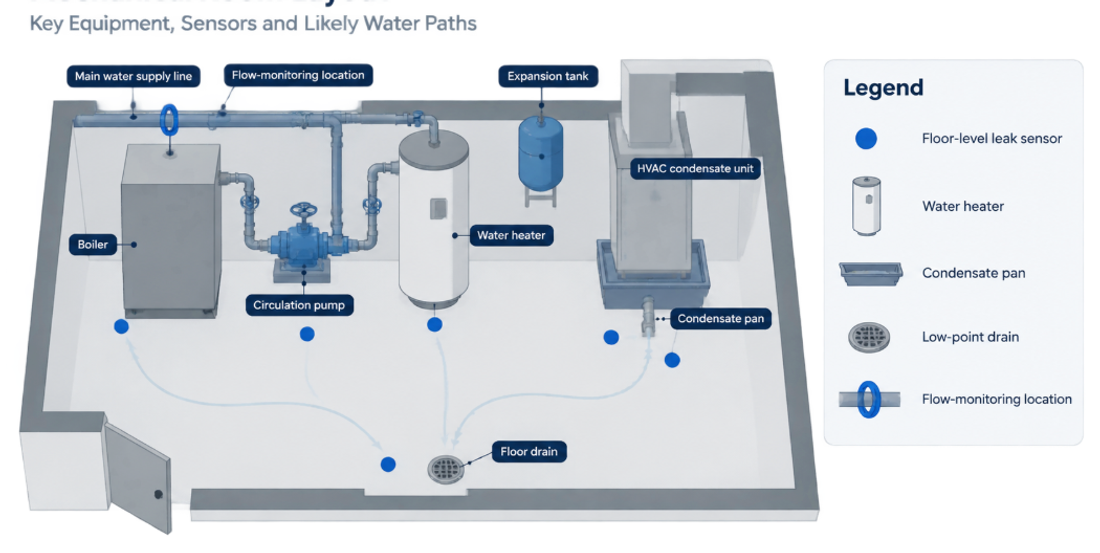 Floor-level leak sensor  Water heater  Condensate pan  Low-point drain  Flow-monitoring location