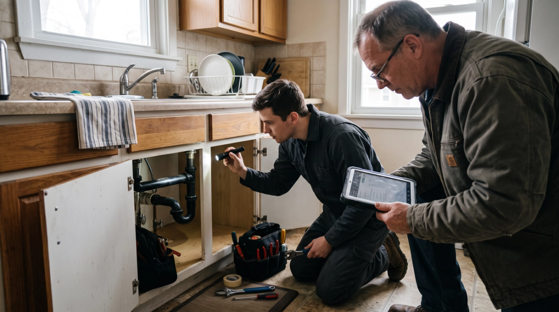 Two maintenance men looking at a kitchen sink. 