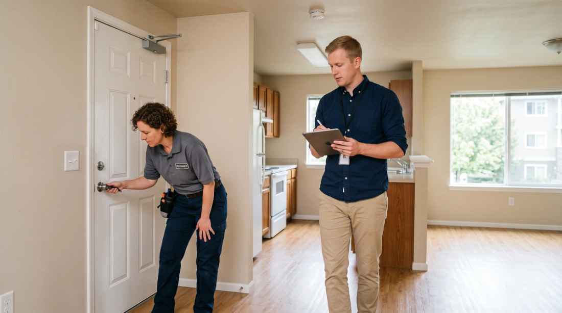  B2B property-management employees conduct a final make-ready inspection inside a clean, modest, unfurnished apartment. 