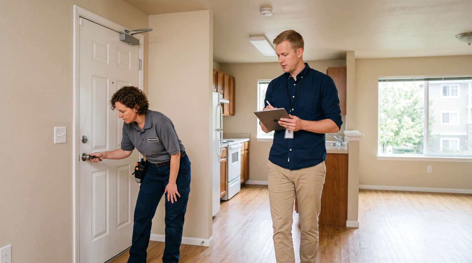  B2B property-management employees conduct a final make-ready inspection inside a clean, modest, unfurnished apartment. 