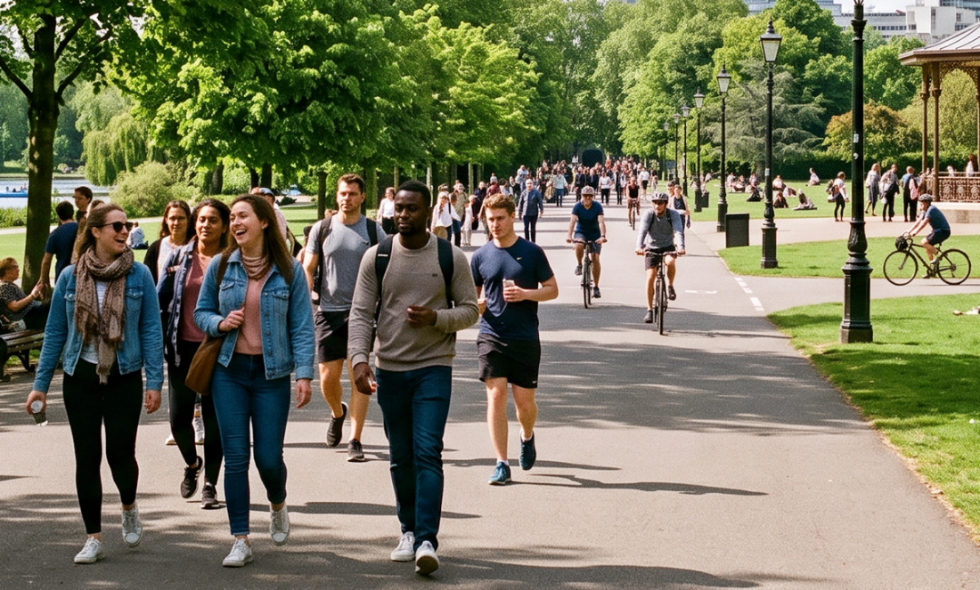 college students on a sunny Southern California university campus.