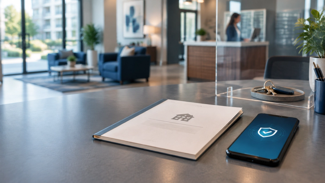 Rental application documents, a smartphone displaying an identity-verification checkmark, and a keyring on a leasing-office desk.