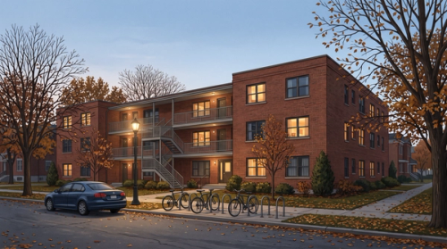 A three-story brick garden-style apartment building with an exterior walkway and stairwell, photographed from across a quiet street at dusk in late autumn. 