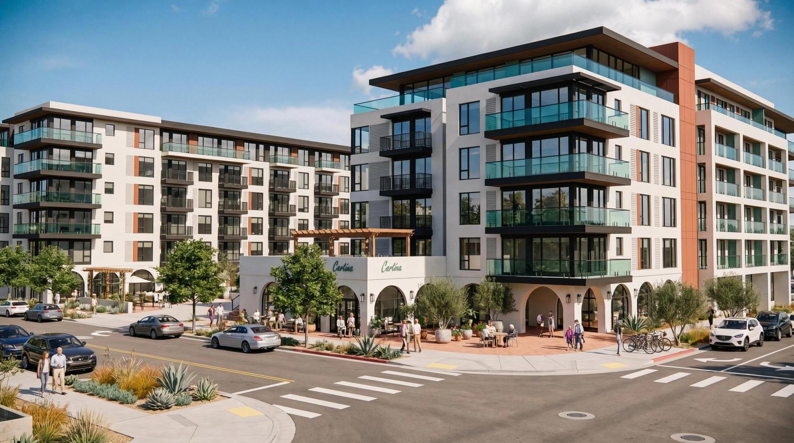 Architectural rendering of the proposed SDSU Mission Valley senior living community, showing balconies, ground-floor gathering areas and landscaped sidewalks.