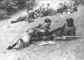 Armed men resting on a grassy hillside, some lying down with rifles