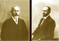 Gelatin silver composite photograph showing two formal studio portraits of Noe Zhordania and Noe Ramishvili in early 20th-century attire against plain backgrounds.