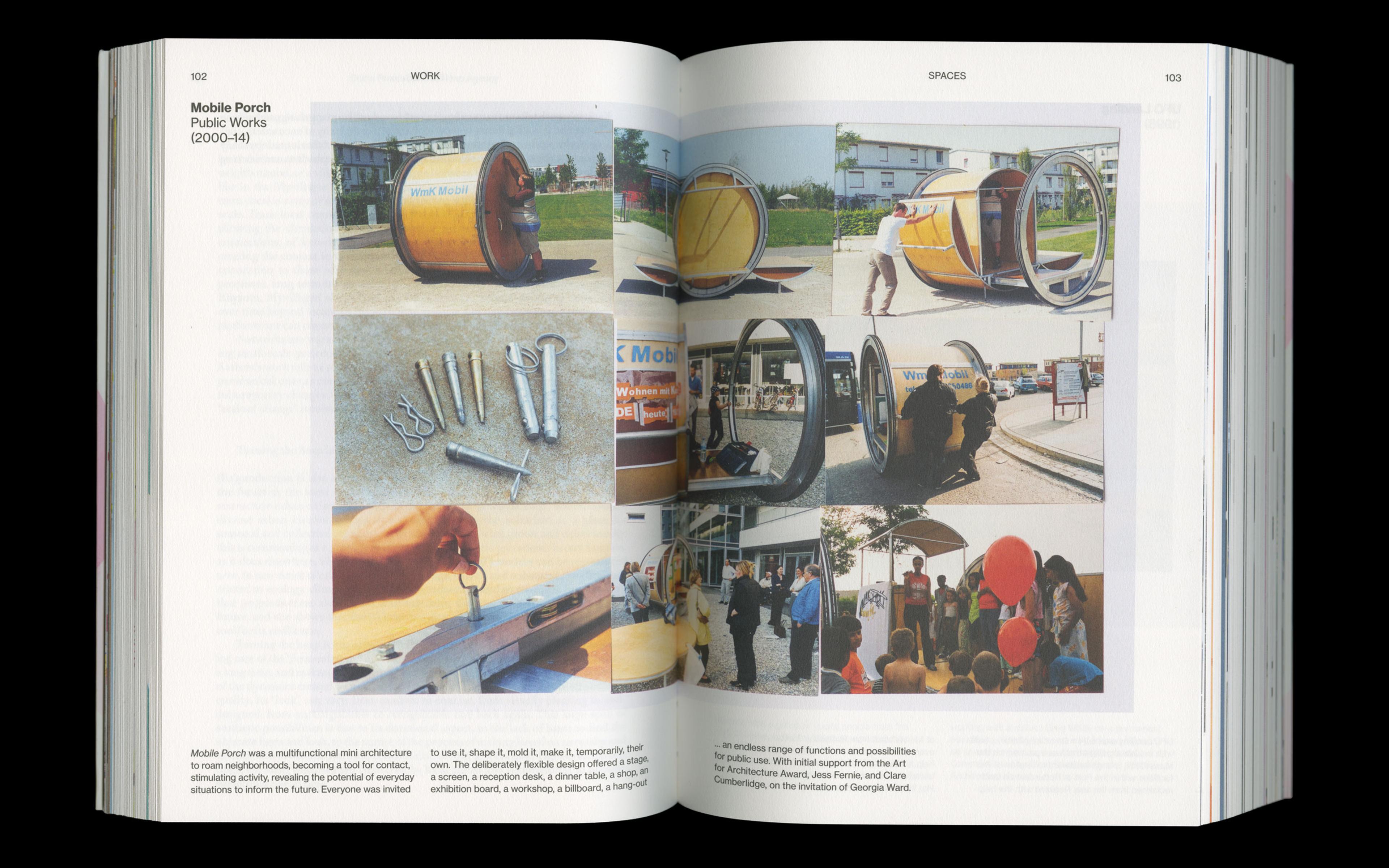 Scan of internal spread of Art on the Scale of Life by Kathrin Böhm showing treatment of a work double page spread