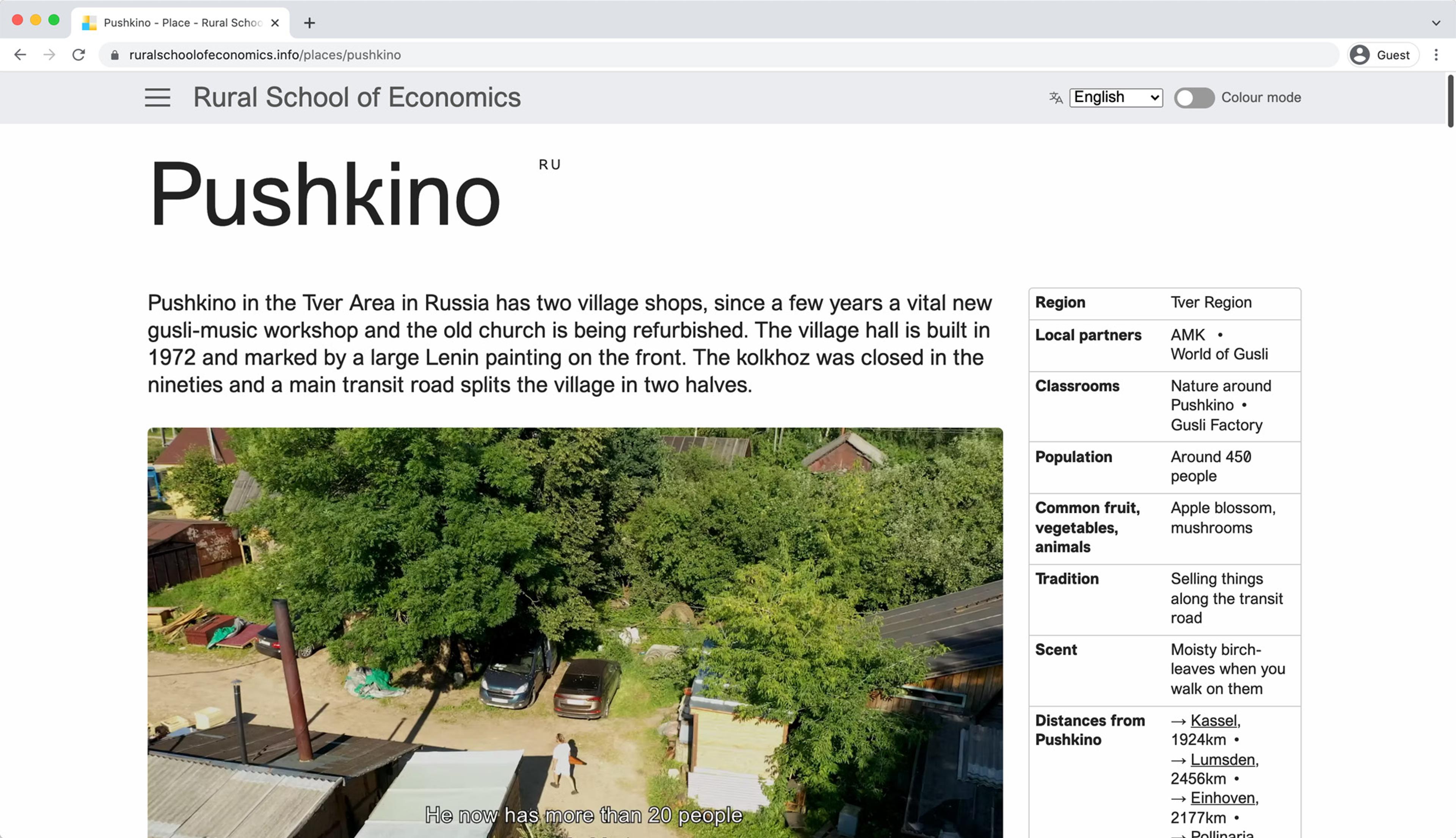 Screengrab of the Rural School of Economics Pushkino page with light mode enabled