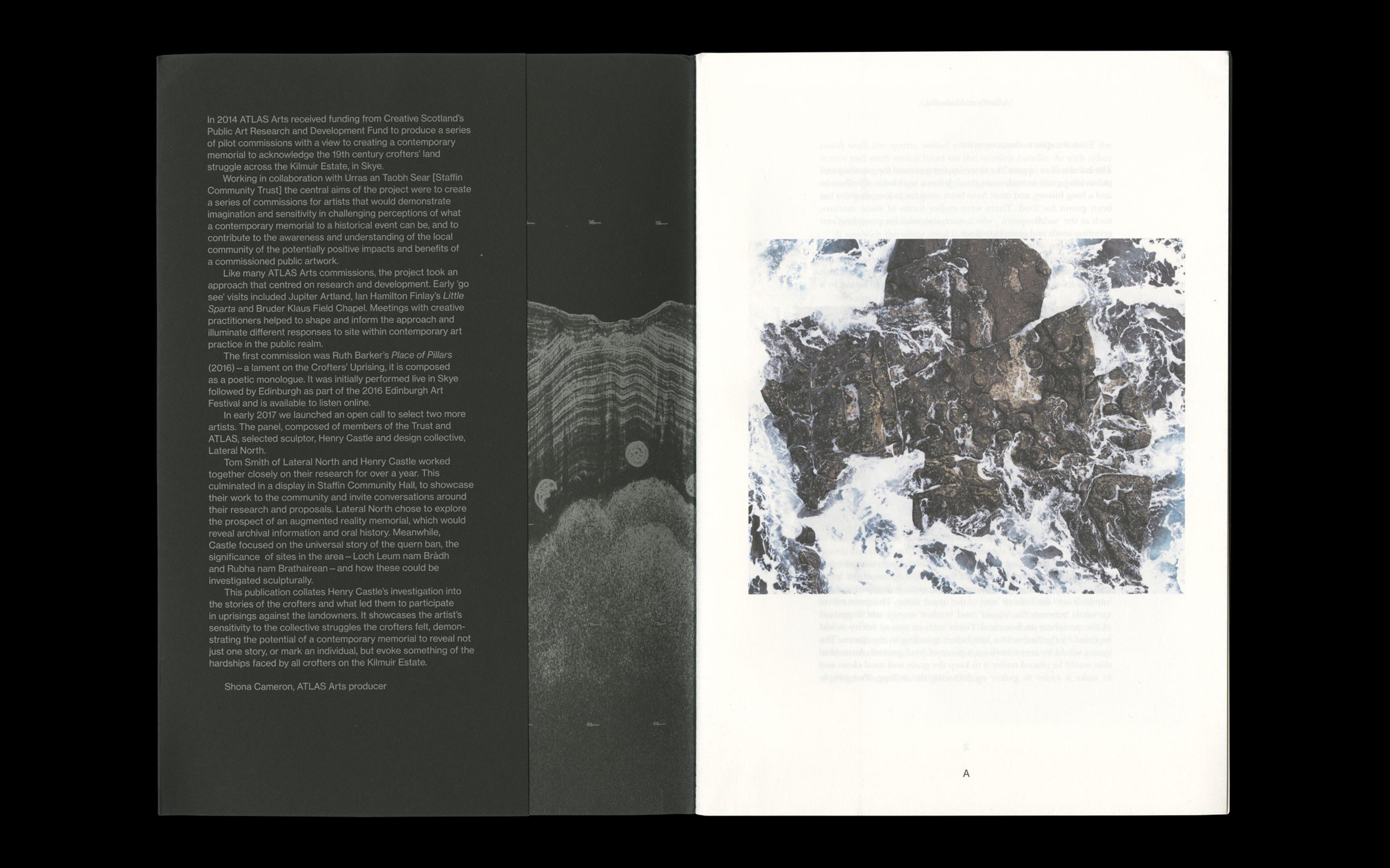 Scan of internal spread of Henry Castle, A Crofter's Memorial. Shows black cover stock alongside off-white internal stock.