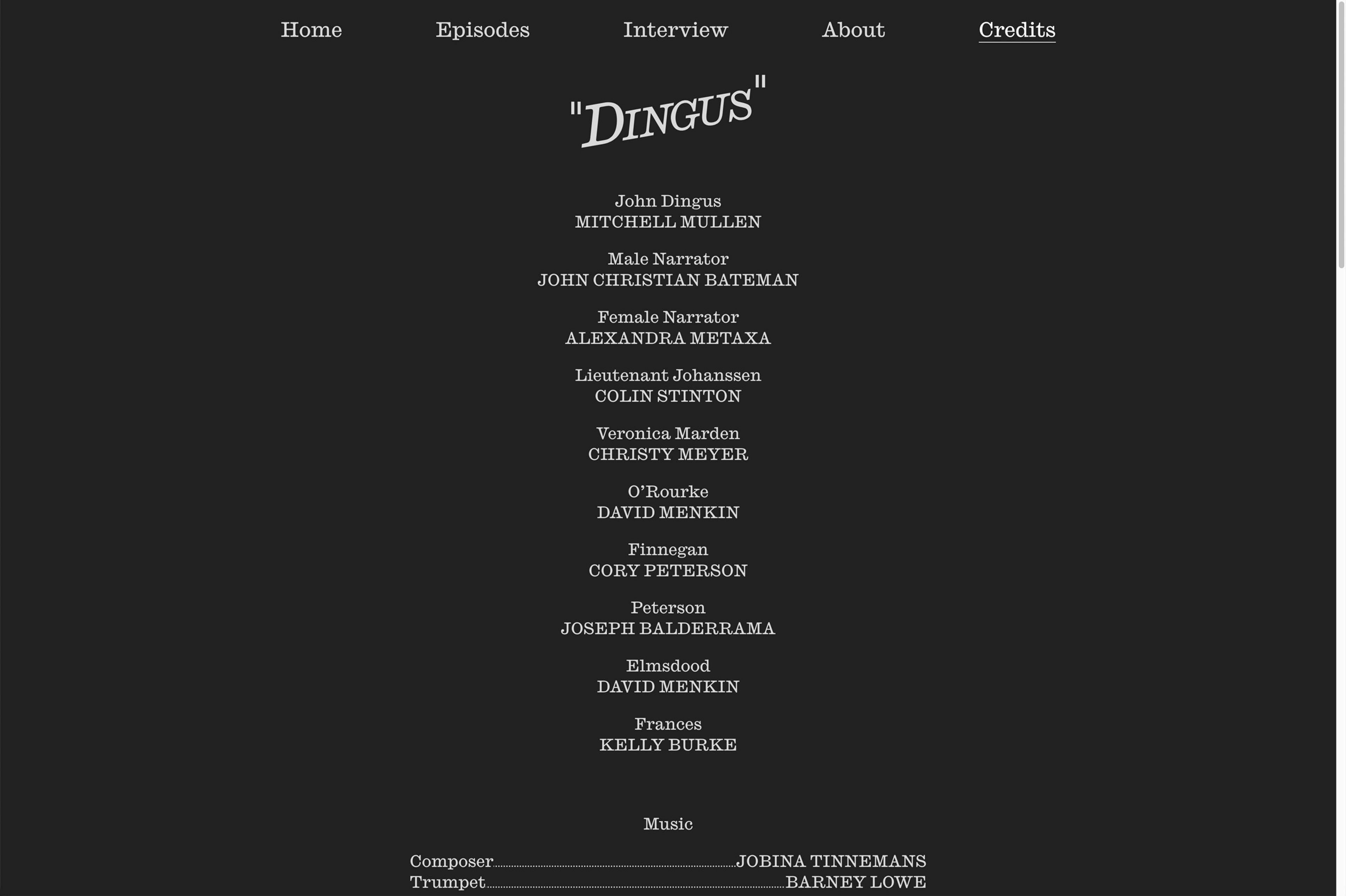 A screengrab from the Dingus website credits page, showing a centre-aligned list of production credits