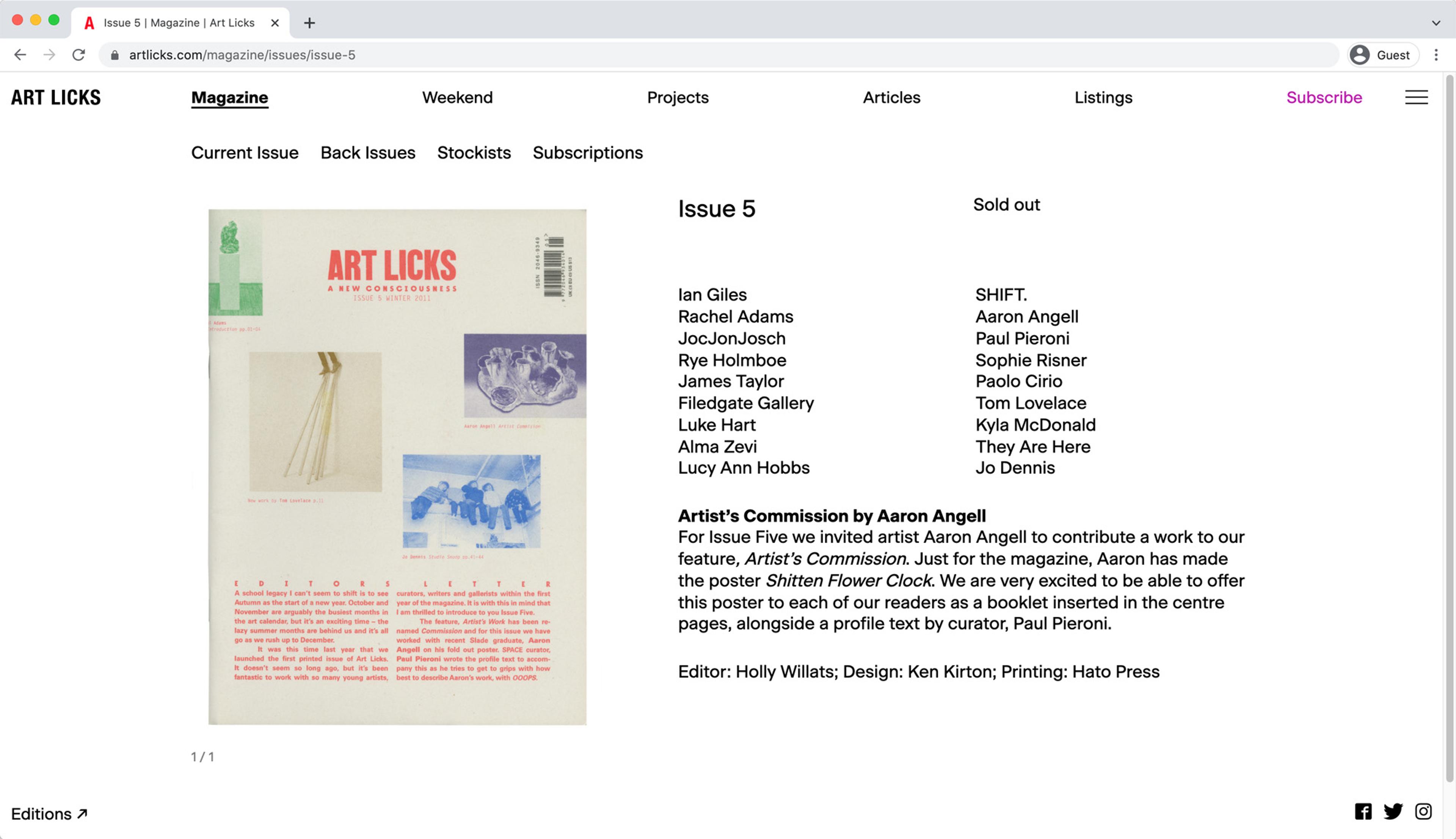 A back issue page on Art Licks, including a list of contributors