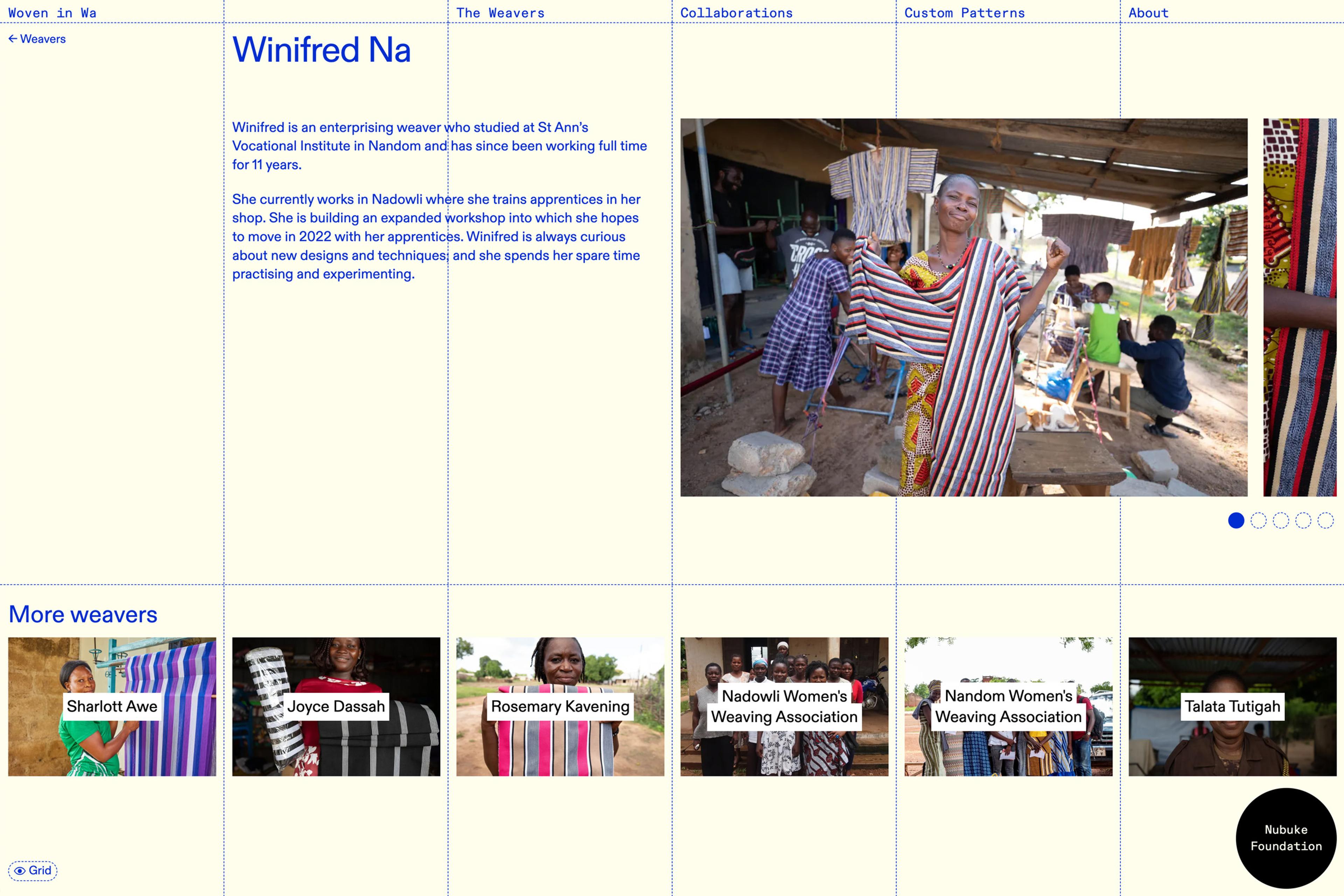 A screengrab from the Woven in Wa website, showing a profile page for Winifred Na, a weaver involved in the project