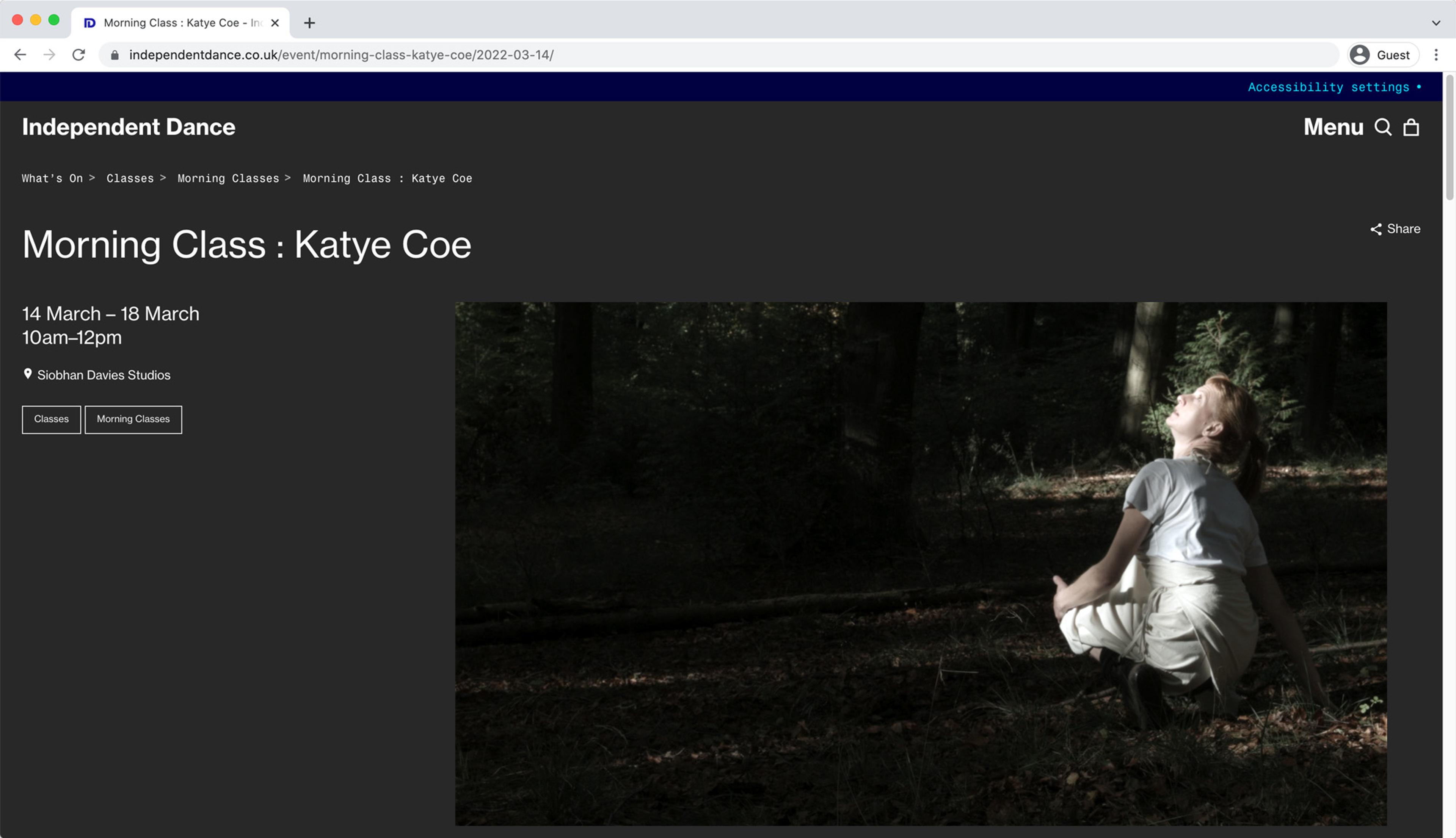 Screengrab of dark mode active on Independent Dance website