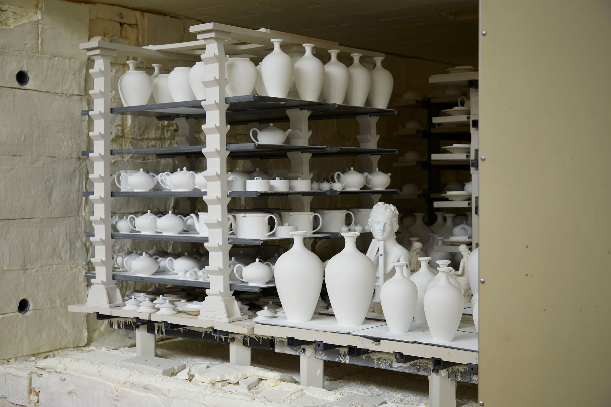 View inside kiln after products have been fired, waiting to be unloaded.