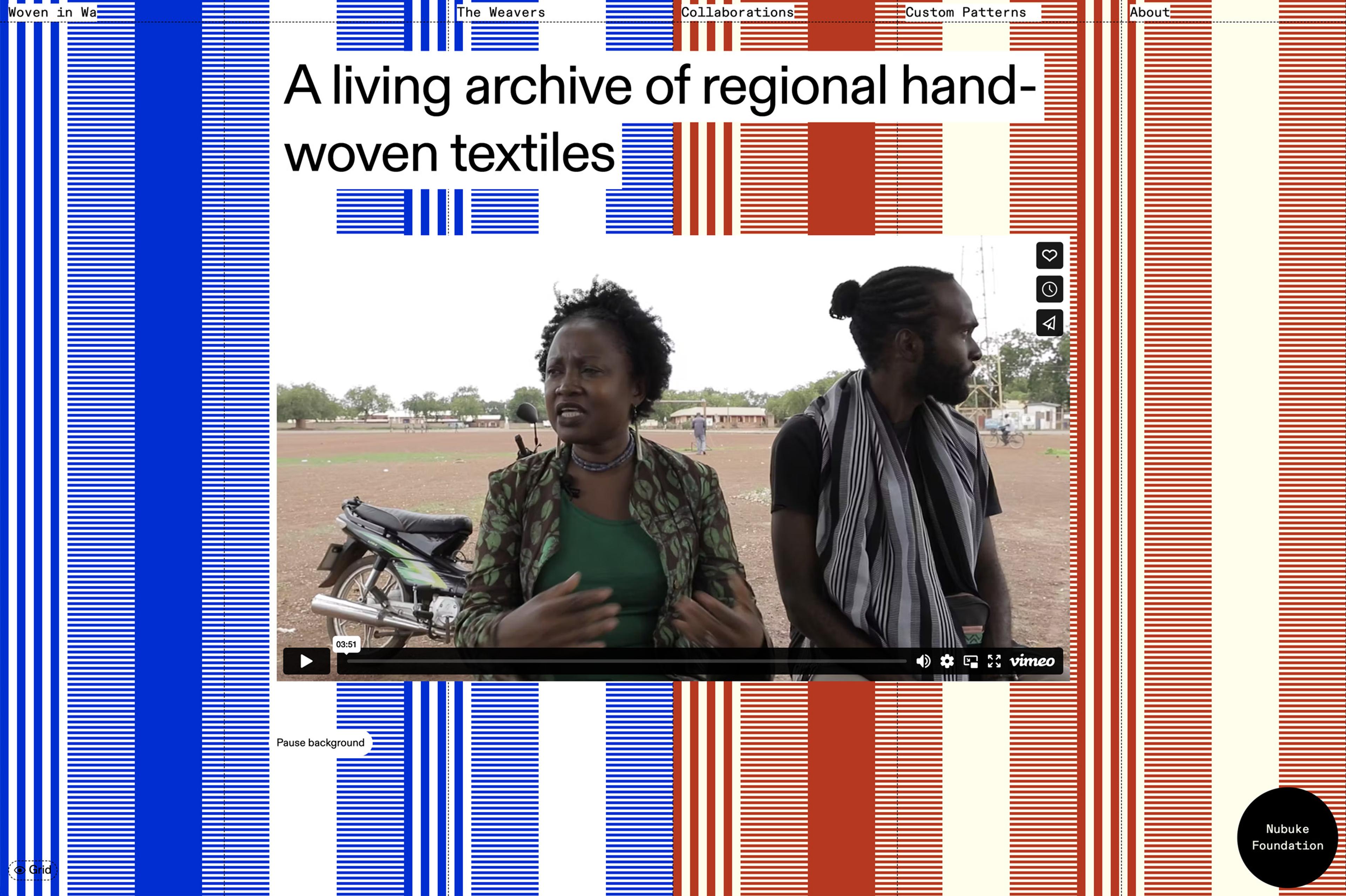 A screengrab from the homepage of the Woven in Wa website, showing a video on a pattern background in blue and red