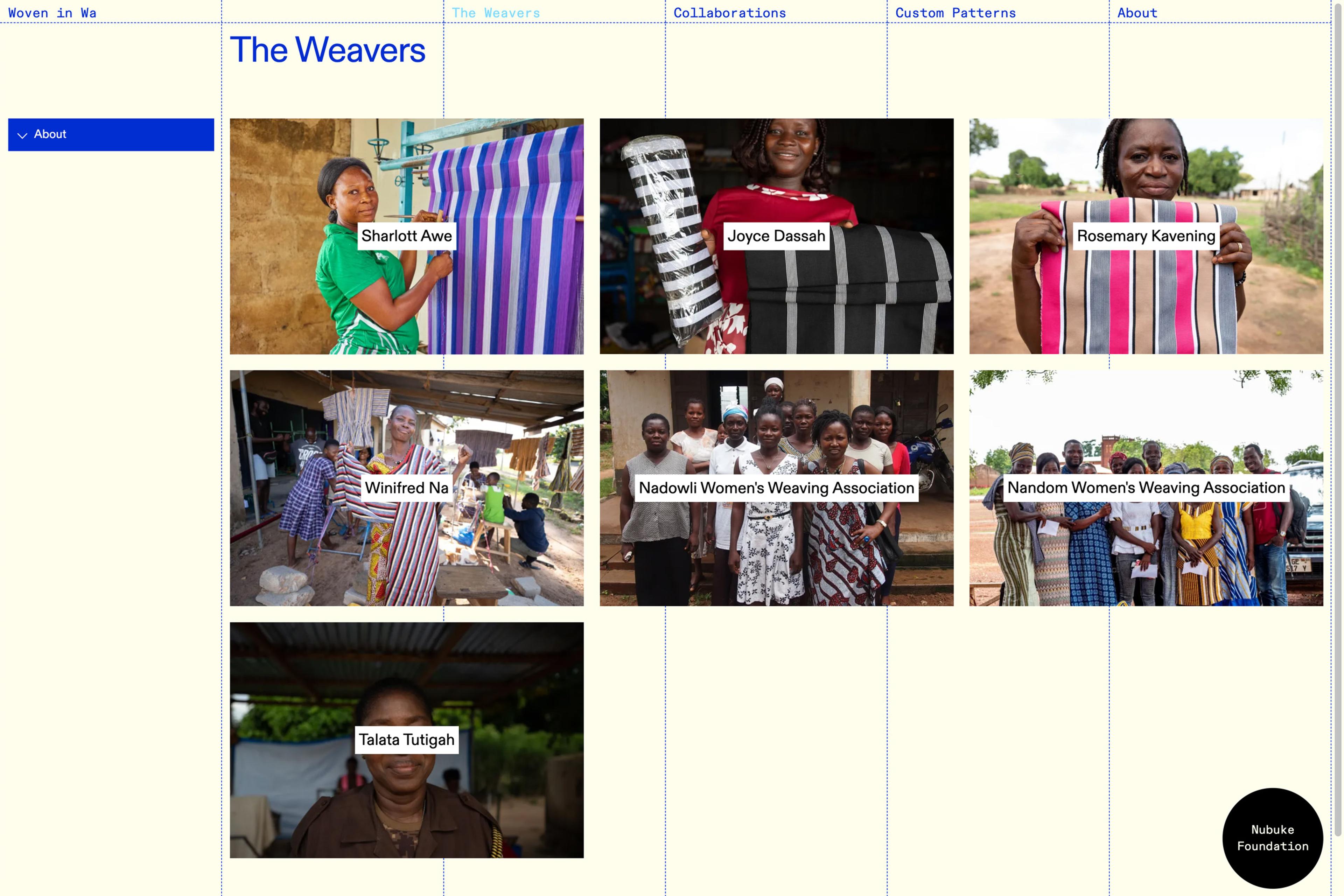 A screengrab from the Woven in Wa website, showing an image grid of weavers involved in the project