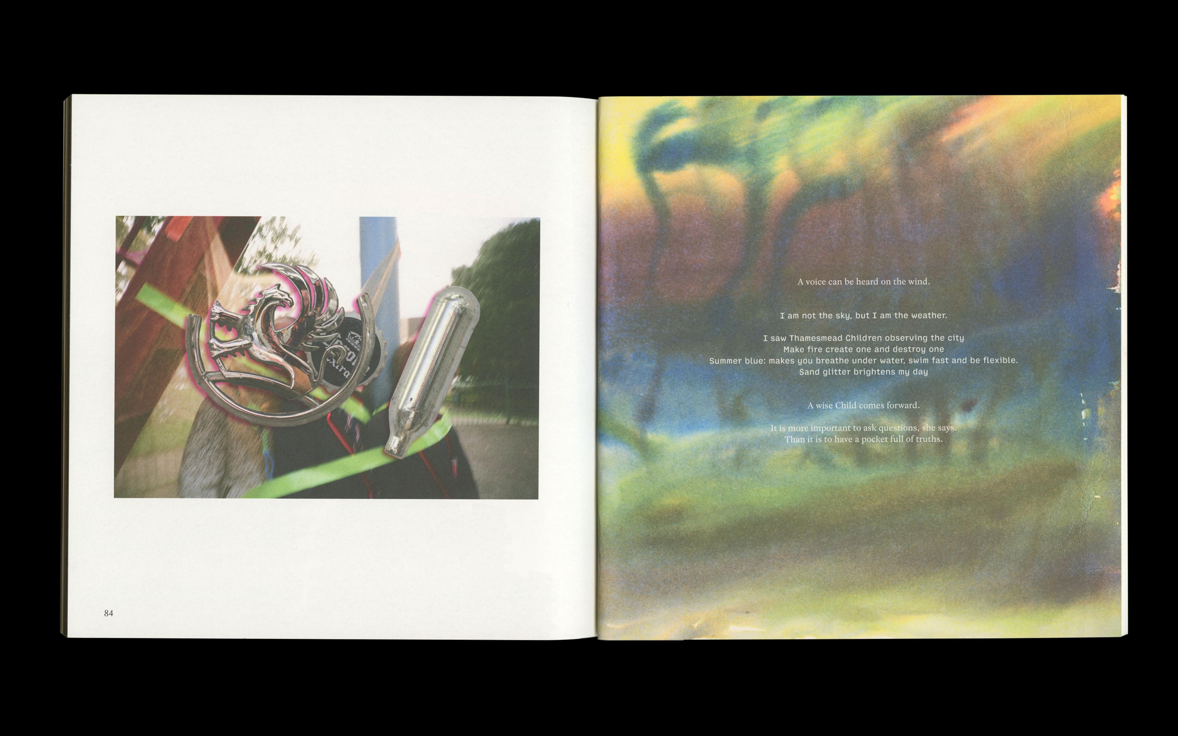 Scan of internal spread from The Brightness of Juju by Dunya Kalantery and Rima Patel showing children's photo collage and text overlaid on children's ink work