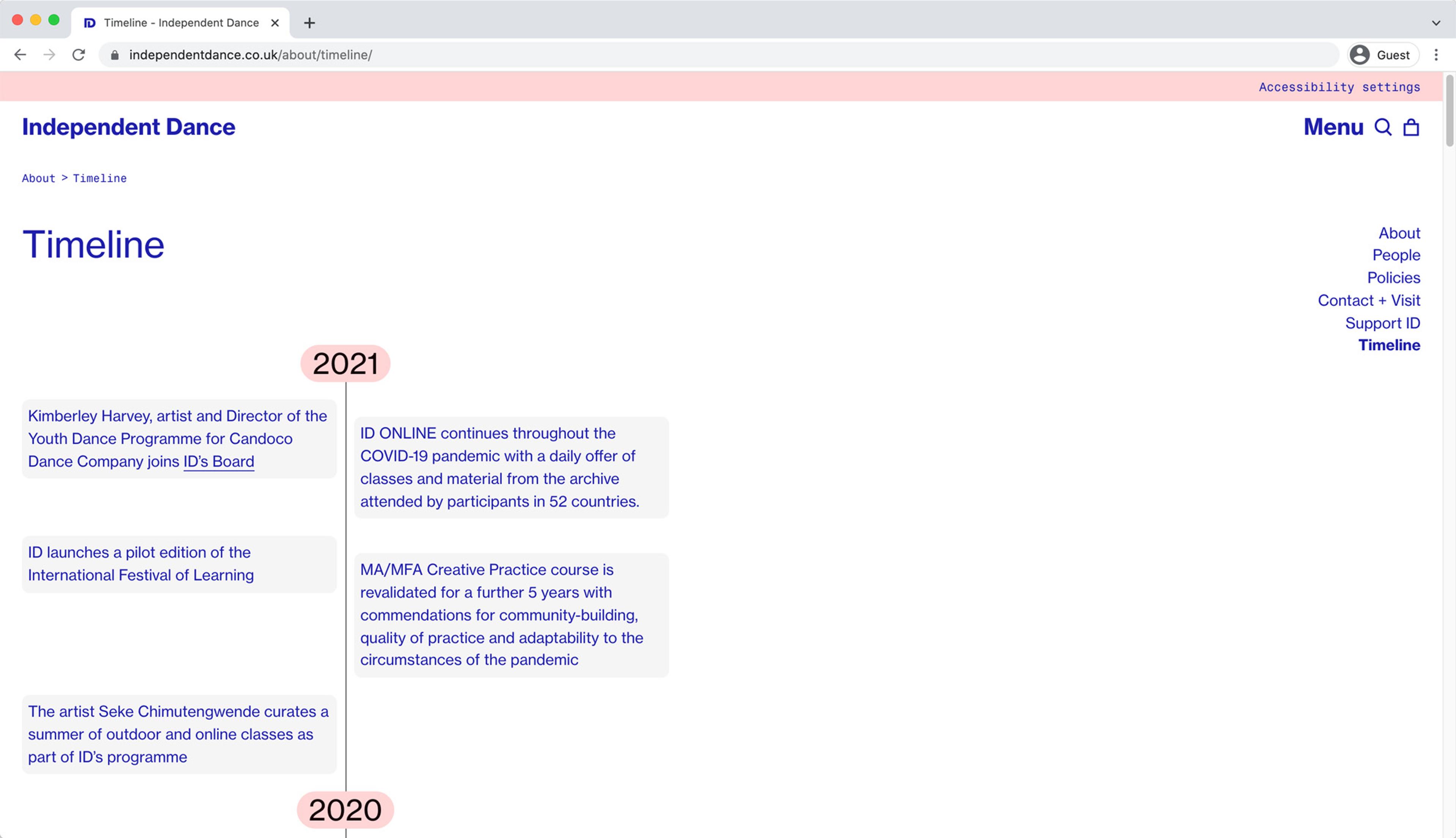 Screengrab of Independent Dance timeline page