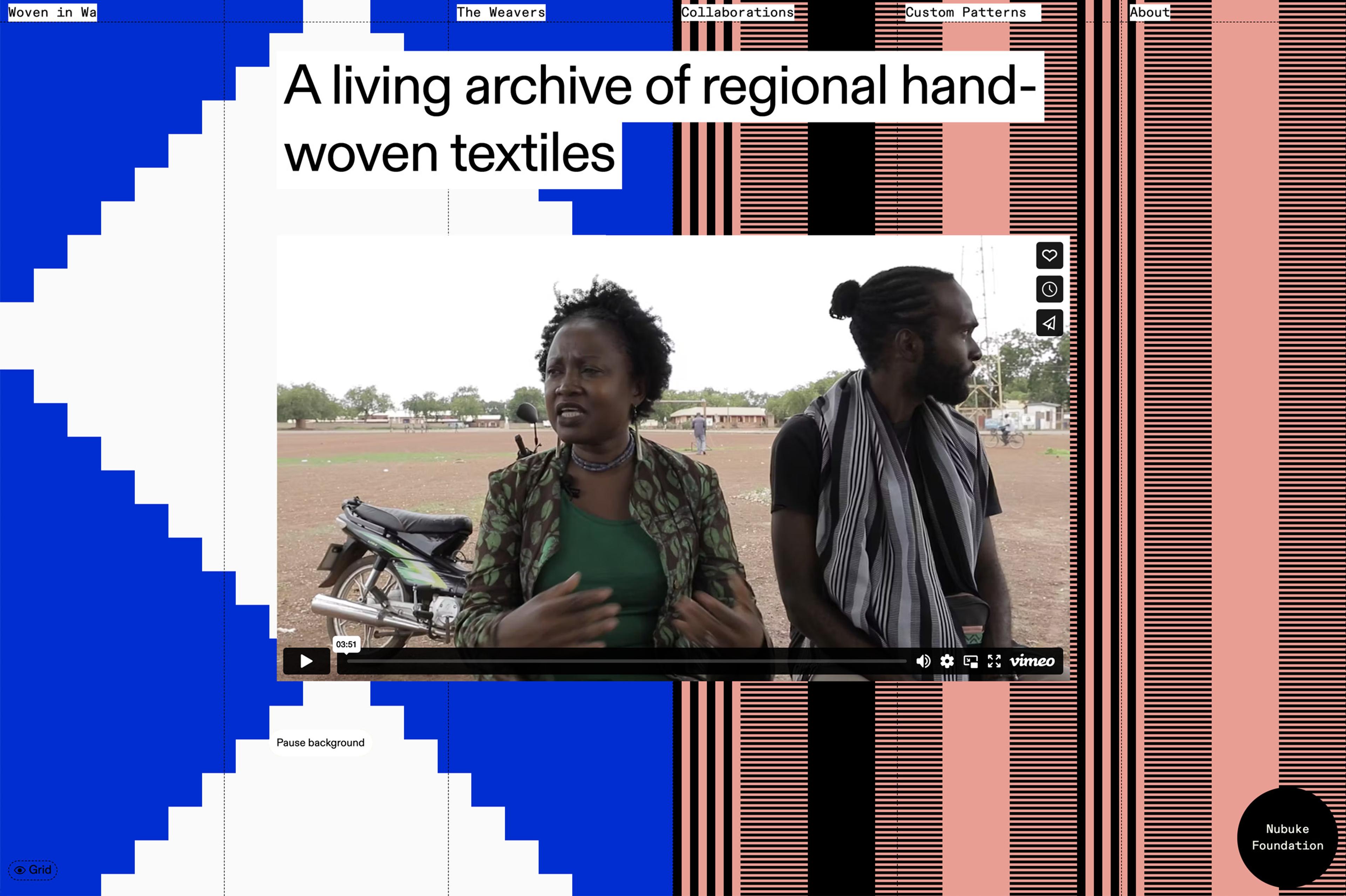A screengrab from the homepage of the Woven in Wa website, showing a video on a pattern background in blue, pink and black