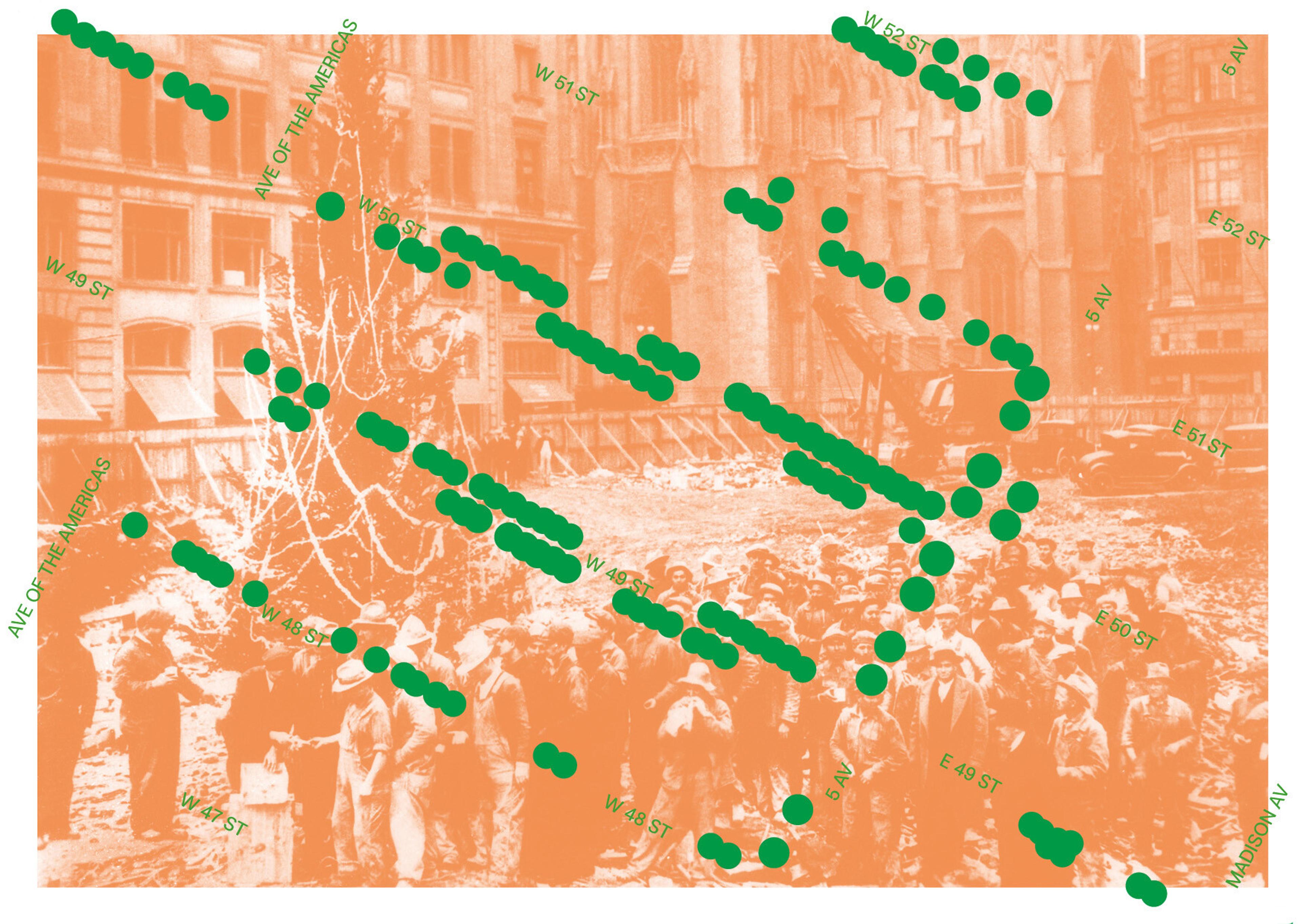 Flyer for Offsetted, midtown Manhattan street map with tree locations overlaid on a salmon-coloured photograph of a crowd of people around a decoration tree.