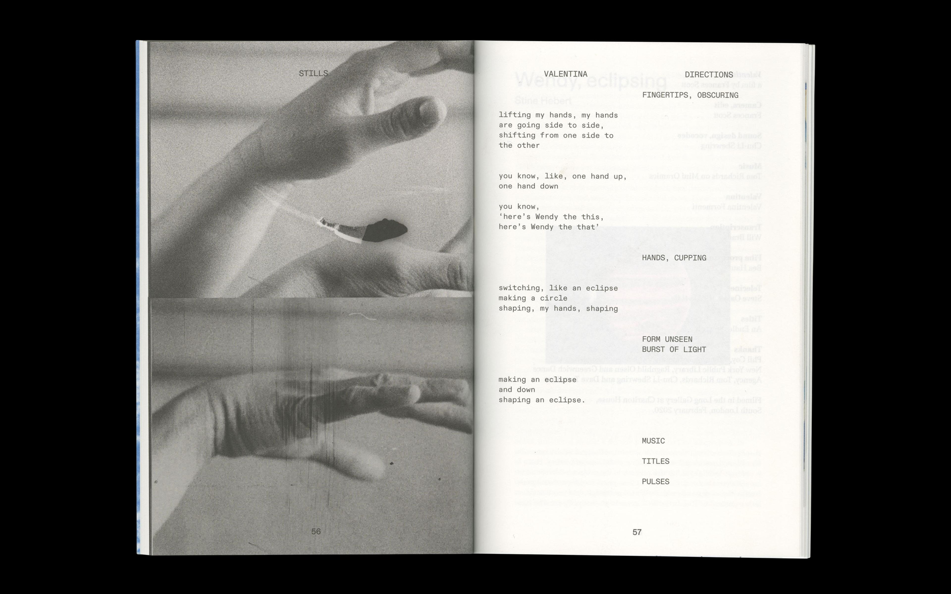 Scan of internal spread of 'Incantation, Wendy' by Frances Scott showing design of chapter transcribing a film work.