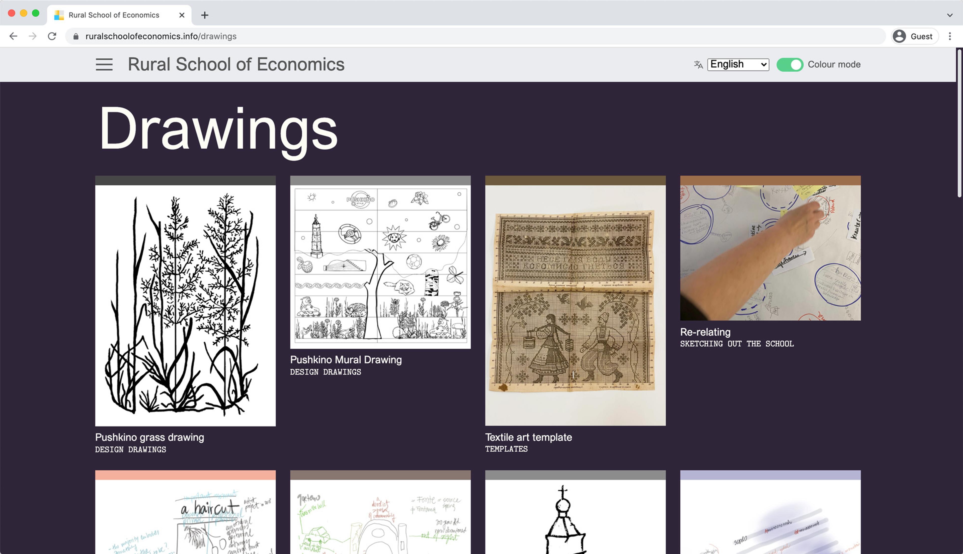 Screengrab of the Rural School of Economics drawings index, a grid of maps, sketches and photographs of drawings