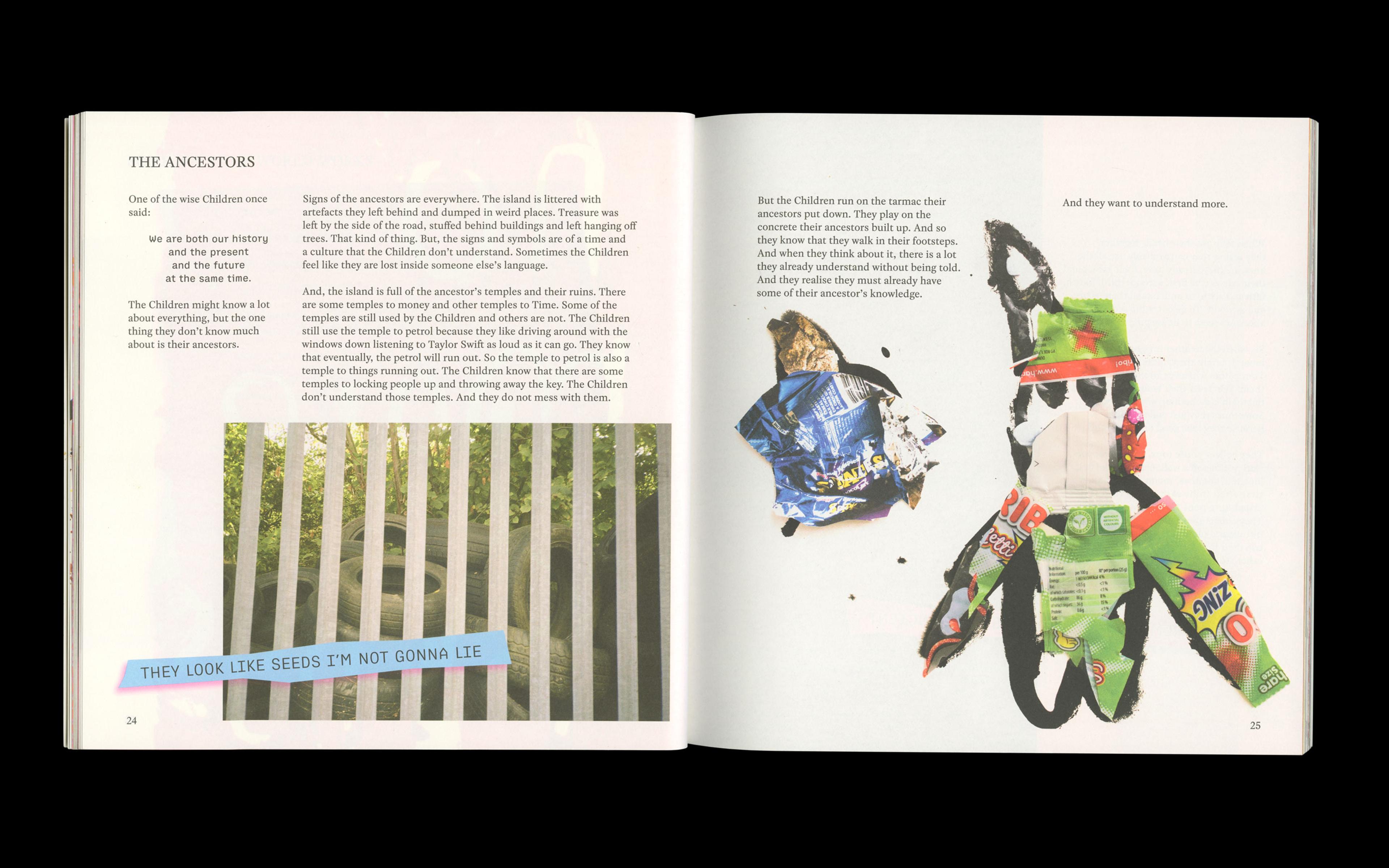 Scan of internal spread from The Brightness of Juju by Dunya Kalantery and Rima Patel showing text and photo collages