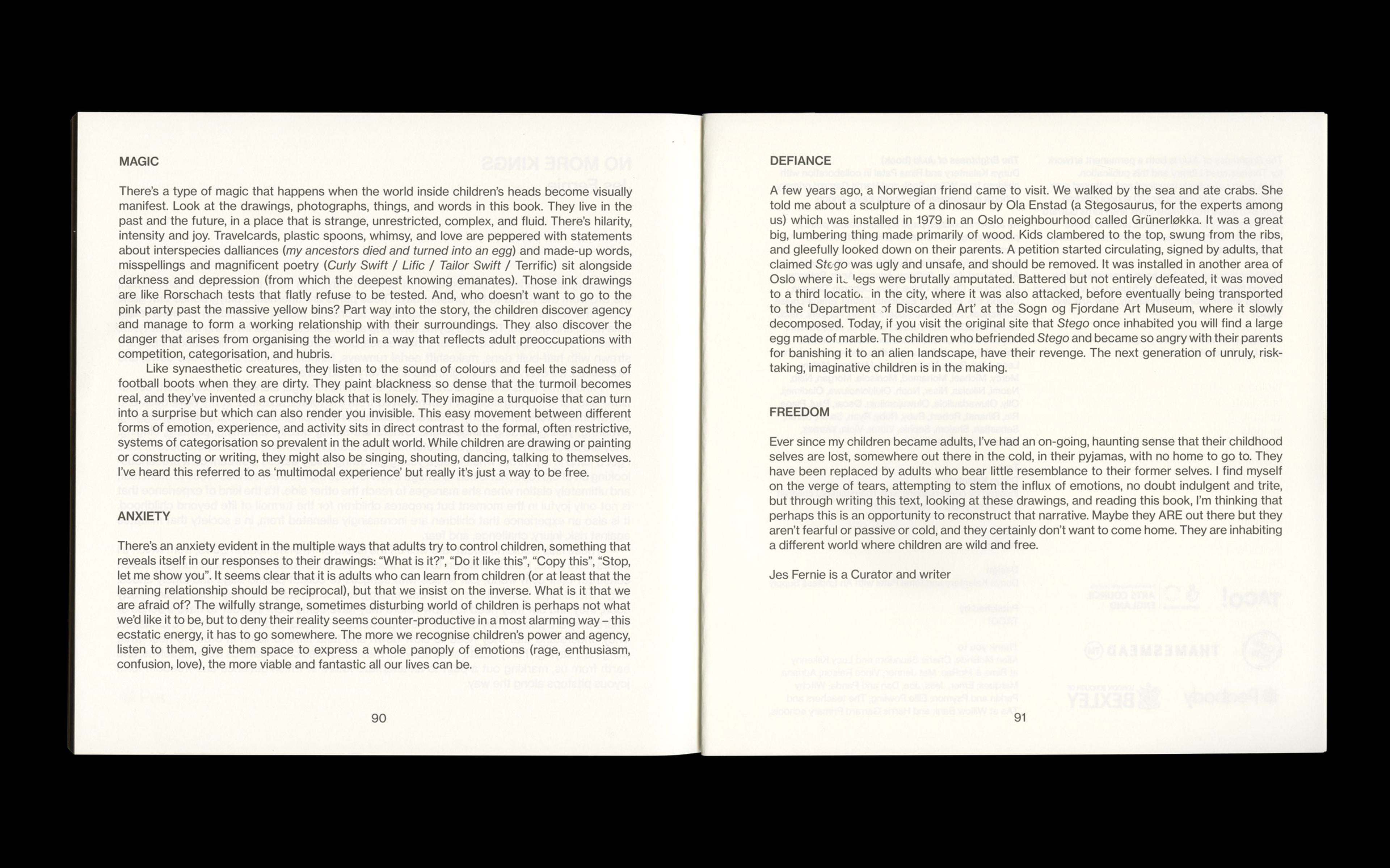 Scan of internal spread from The Brightness of Juju by Dunya Kalantery and Rima Patel showing treatment of Jes Fernie's essay