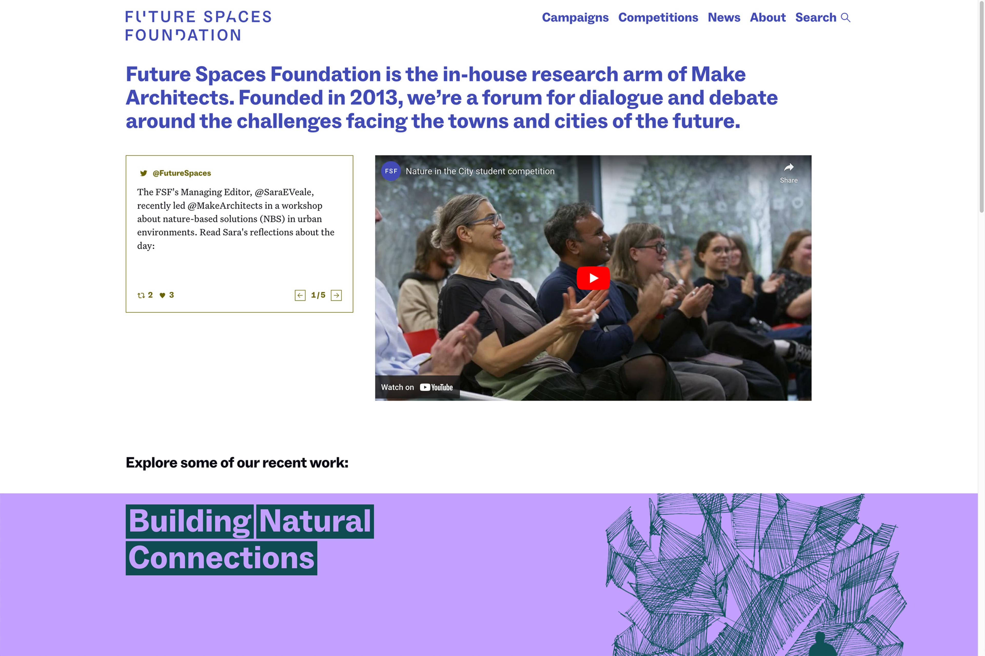 A screengrab of the Future Spaces Foundation website front page, including a custom Twitter component and Youtube embed
