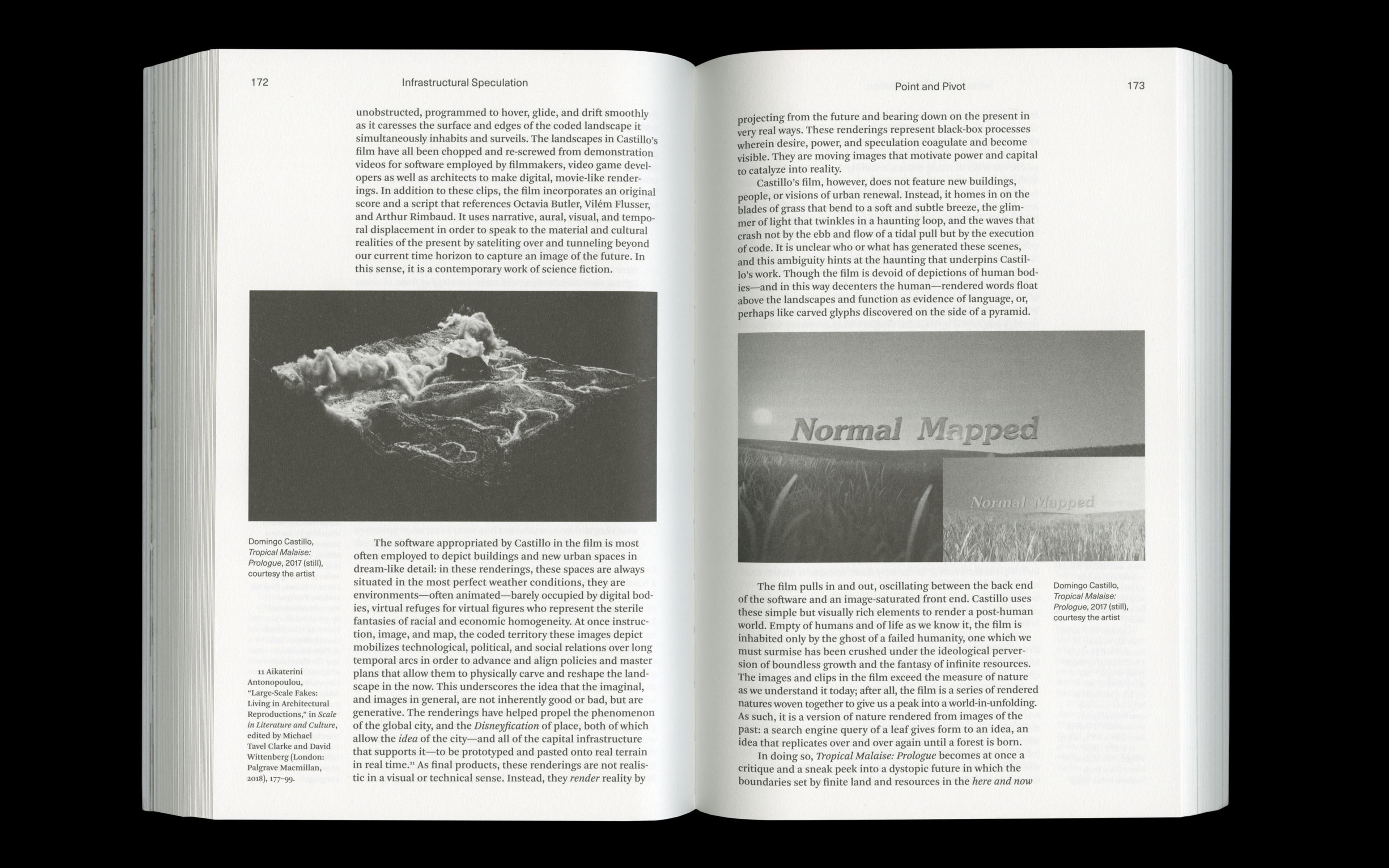 Scan of internal spread of 'Between the Material and the Possible' edited by Bassam El Baroni