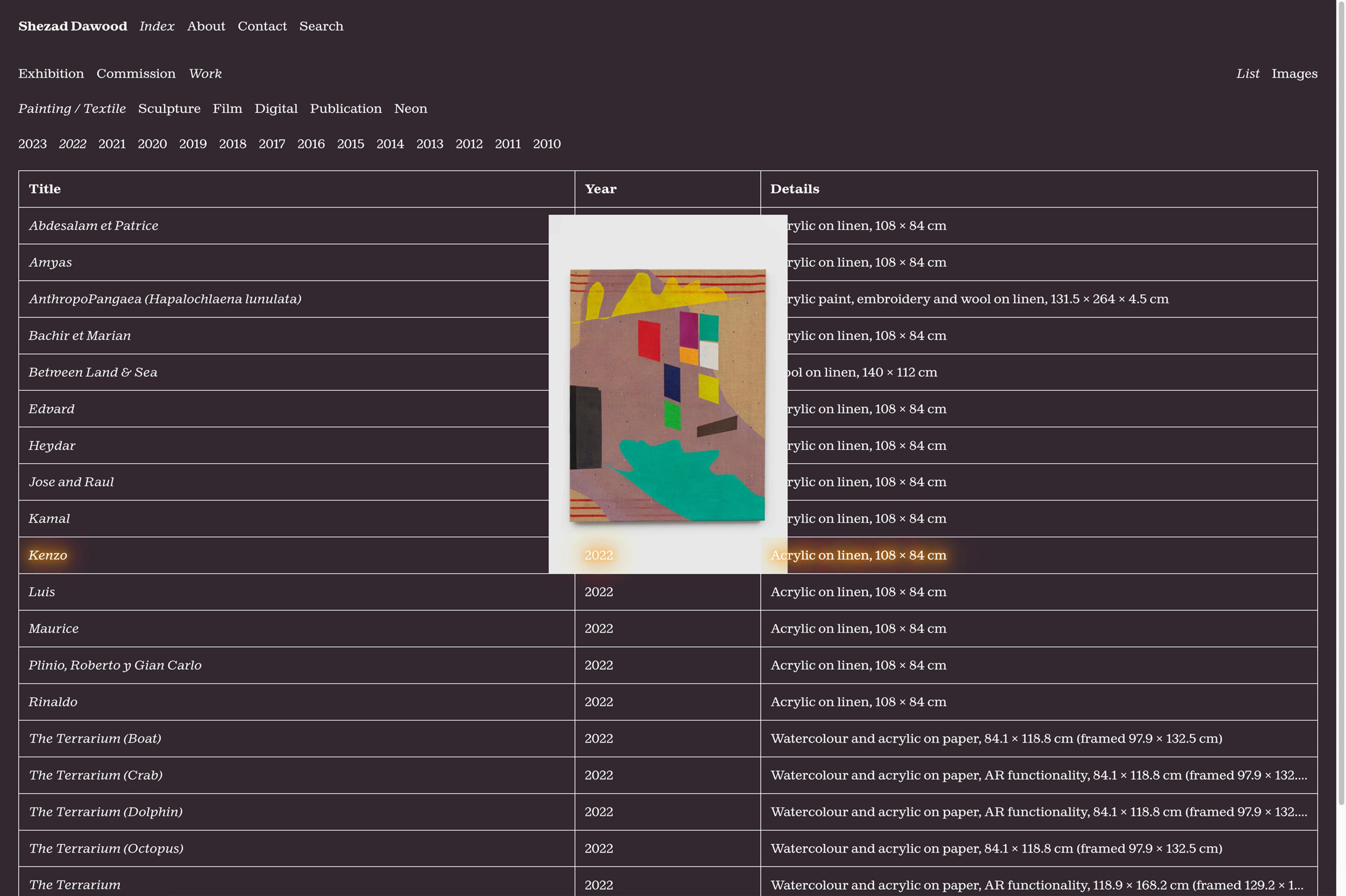 A screengrab of Shezad Dawood's website, showing a table indexing works, commissions and exhibitions