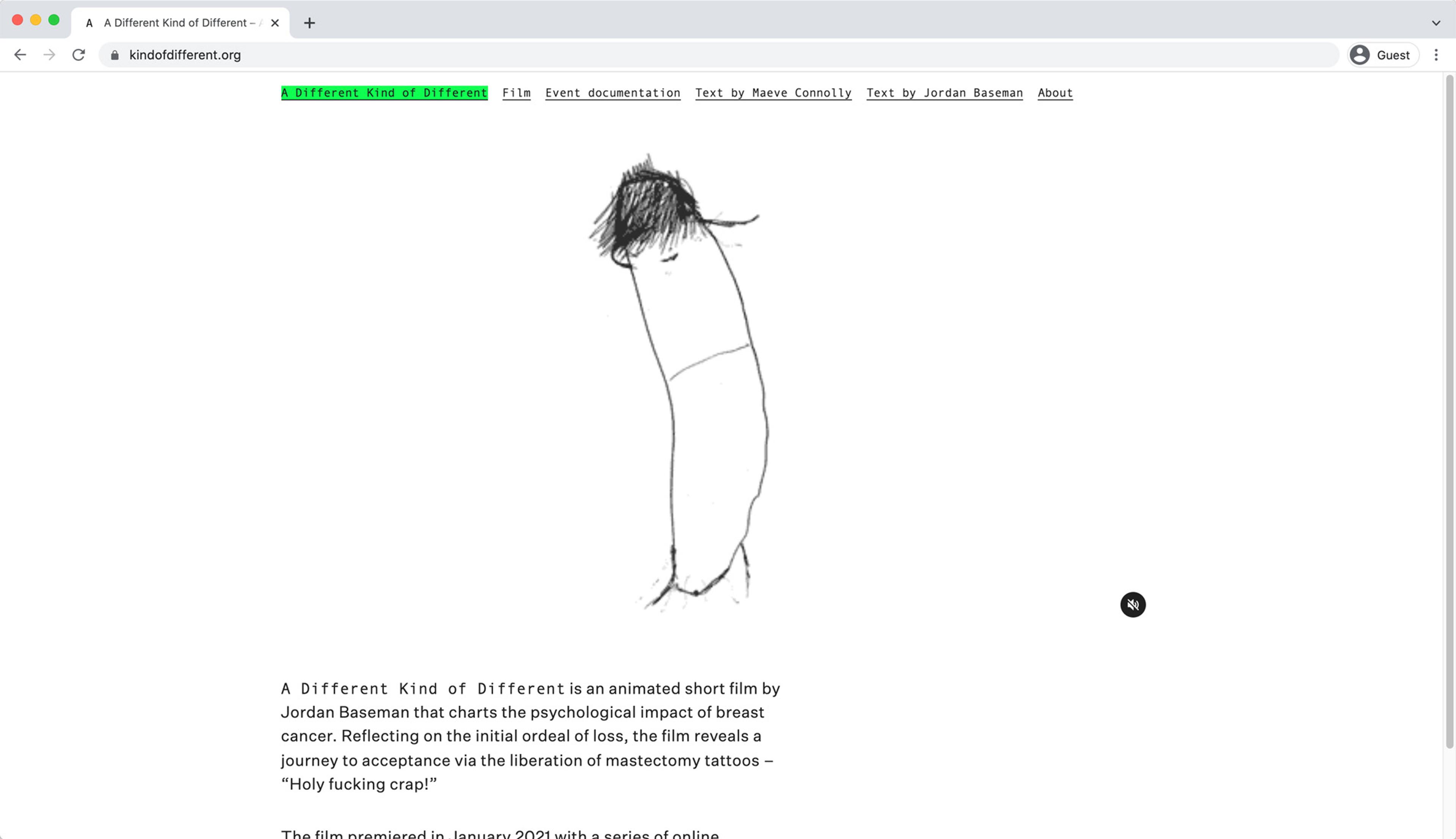 A screengrab of the Kind of Different documentation site front page, including a looping video of a dancing character 