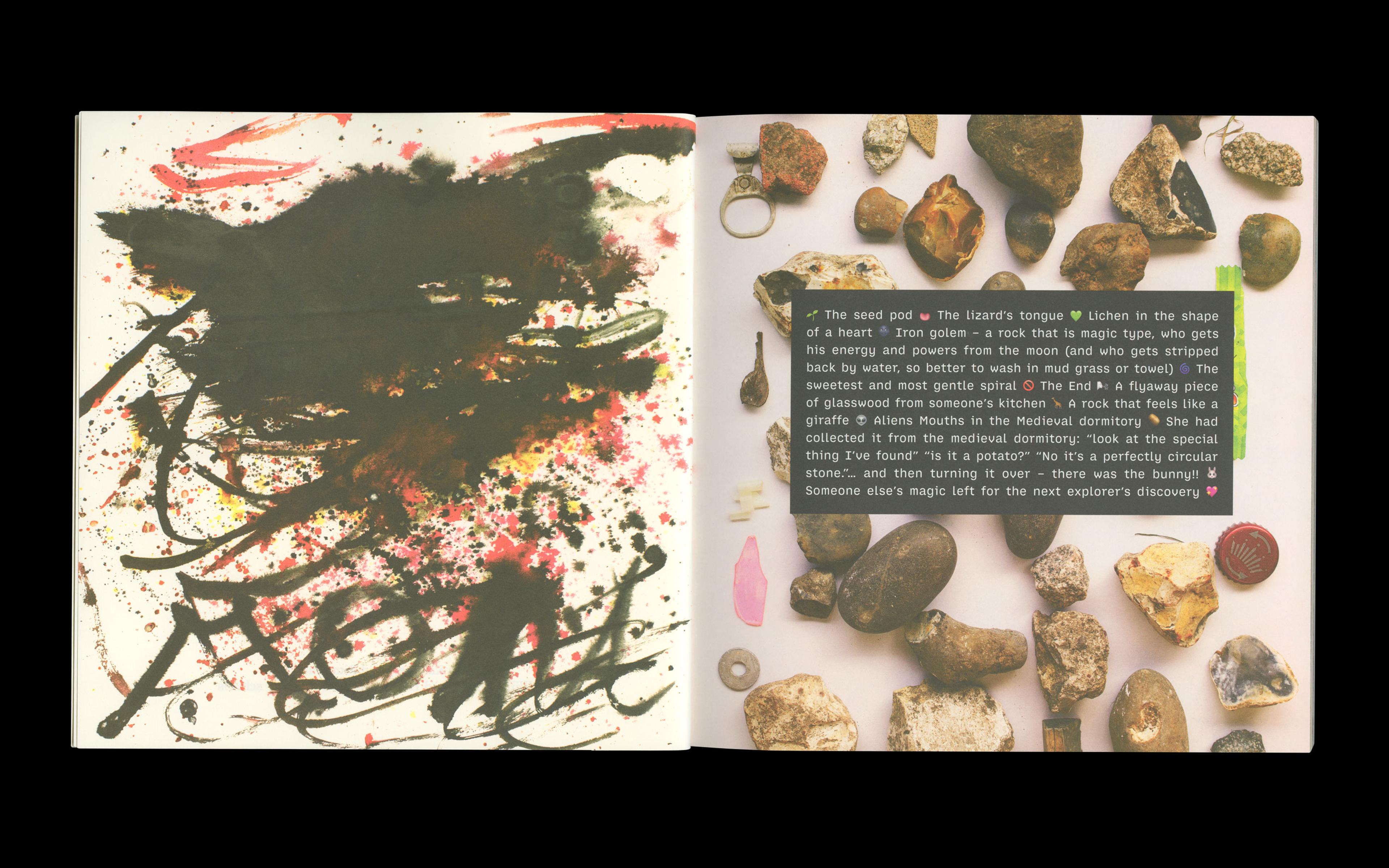 Scan of internal spread from The Brightness of Juju by Dunya Kalantery and Rima Patel showing child's ink work and photo collage